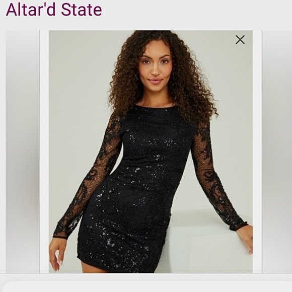 Altar’d State Ania Elegant Black Beaded Sequin Dress Long-Sleeve Sequin Dress - Picture 9 of 16